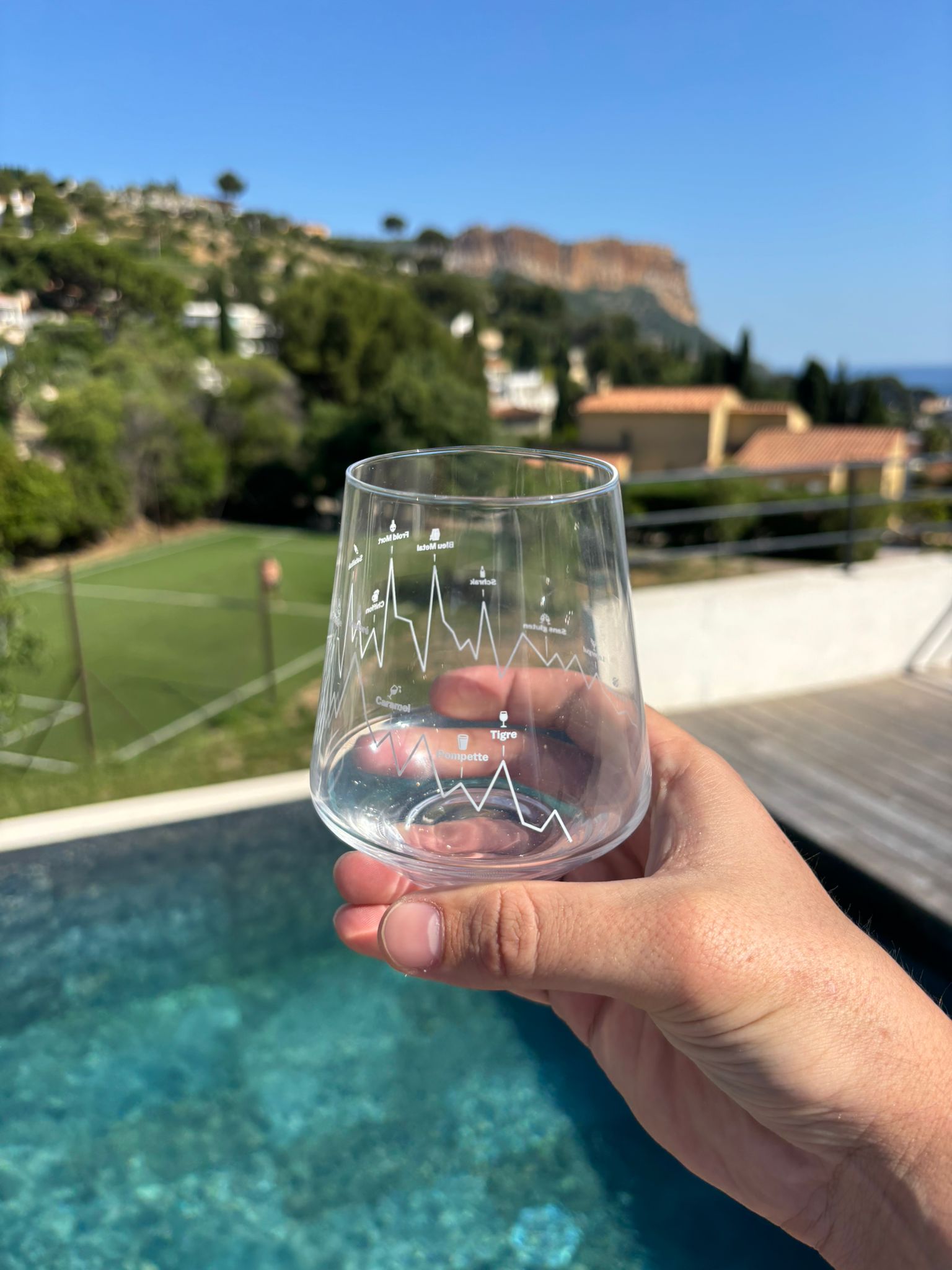 Verre Froid Mort tenu en main face aux collines de Cassis